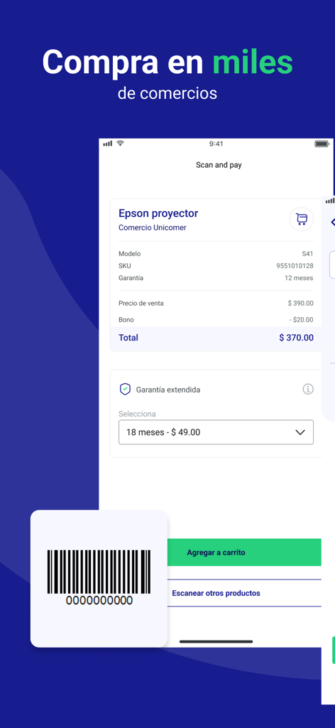 Emma Pay - Interfaz de la aplicación Emma Pay que muestra los detalles del producto y una función de escaneo para pagar una compra de productos electrónicos.