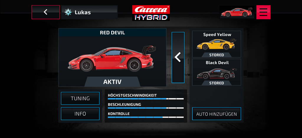 Carrera - HYBRID - Interface of the Carrera HYBRID app displaying a red racing car with performance statistics and customization options.