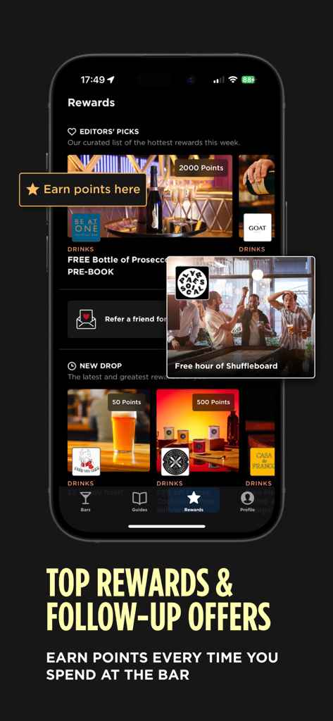 DUSK - Drinks, Deals & Rewards - The Rewards screen of the DUSK app showing available drink deals and loyalty points for nightlife venues.
