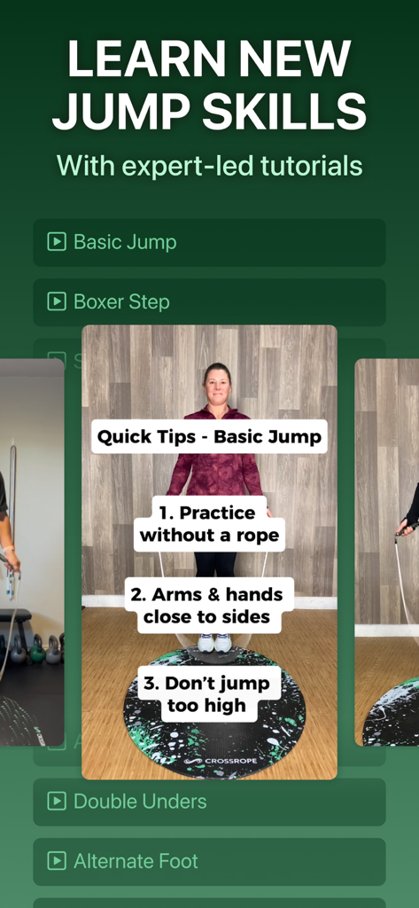 Jump Rope Training | Crossrope - Eine mobile App-Oberfläche von Crossrope, die Seilspring-Fähigkeits-Tutorials mit einer Videodemonstration für einen einfachen Sprung anzeigt