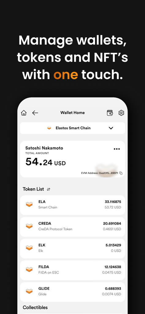 Elastos Essentials Wallet 모바일 앱 인터페이스에 암호화폐 토큰 목록과 총 포트폴리오 잔액이 표시됩니다.