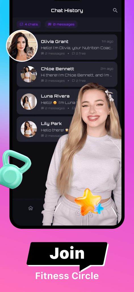 Fiti - Fit & Chat - Screen showing chat history with AI fitness trainers in the Fiti app.