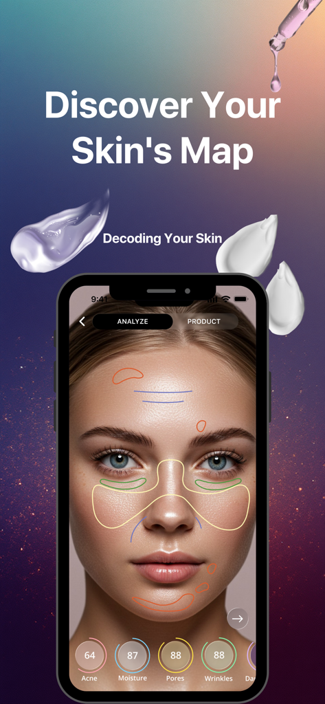 A smartphone displaying the Smart Beauty app with an AI-generated skin map and analysis scores for a woman's face.