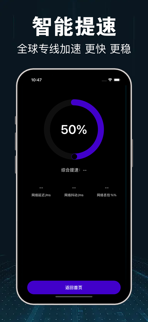 Smallrocket VPN app interface showing network speed acceleration progress and performance metrics