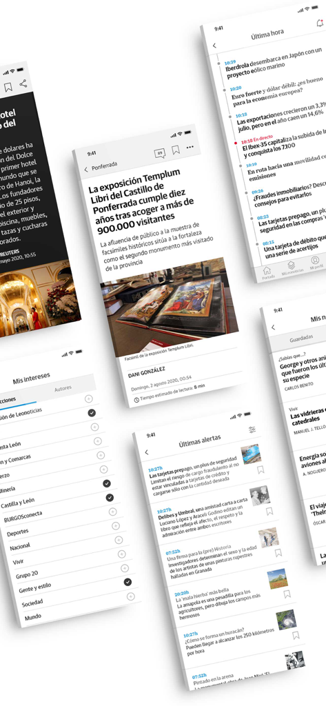 Varias pantallas de la aplicación de noticias Leonoticias mostrando artículos y alertas en tiempo real