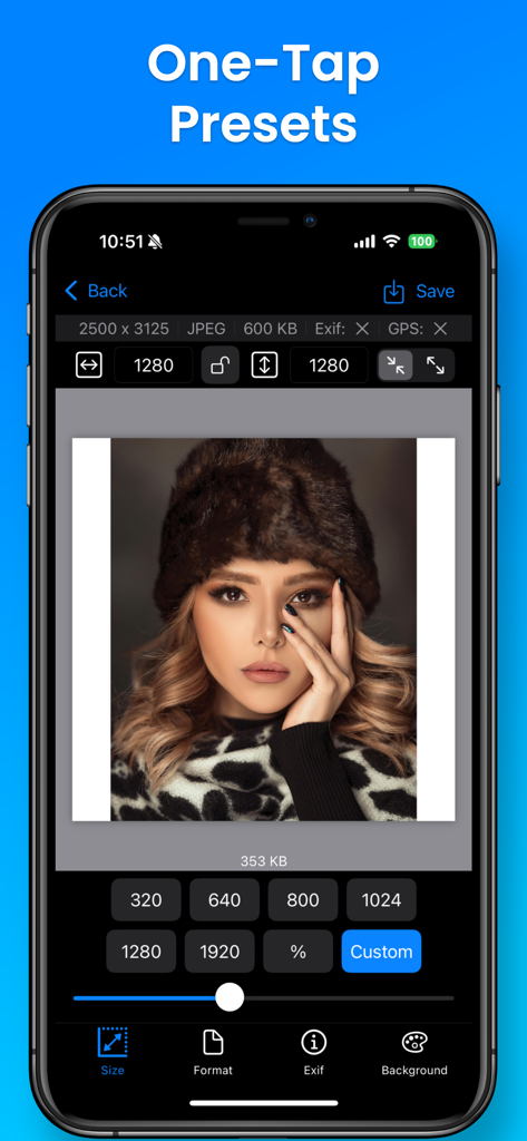 Pantalla de la aplicación móvil que muestra ajustes preestablecidos de redimensionamiento de imágenes con un toque y dimensiones personalizadas