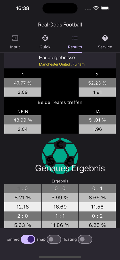 La aplicación Real Odds Football muestra probabilidades y cuotas de partidos de fútbol para Manchester United vs Fulham