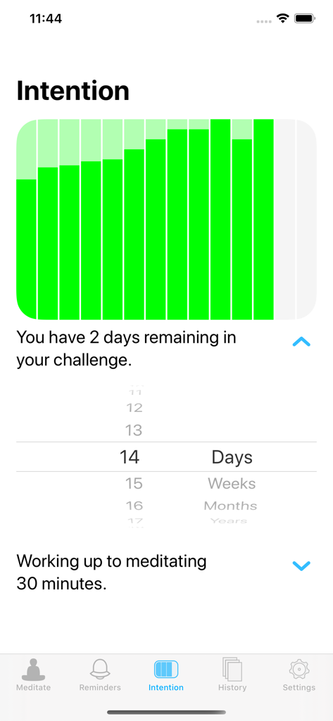 Lotus Bud Meditation Timer - Lotus Bud Meditation Timer app showing the Intention screen with a progress bar chart and a 14 day challenge setting