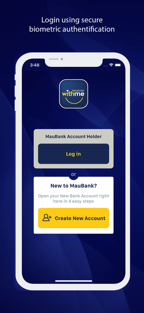 MauBank WithMe mobile app login and account creation screen with biometric authentication