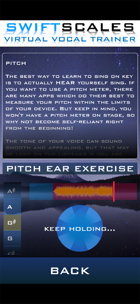 SWIFTSCALES Vocal Trainer - Swiftscales app interface showing a pitch ear exercise with a voice waveform and musical notes