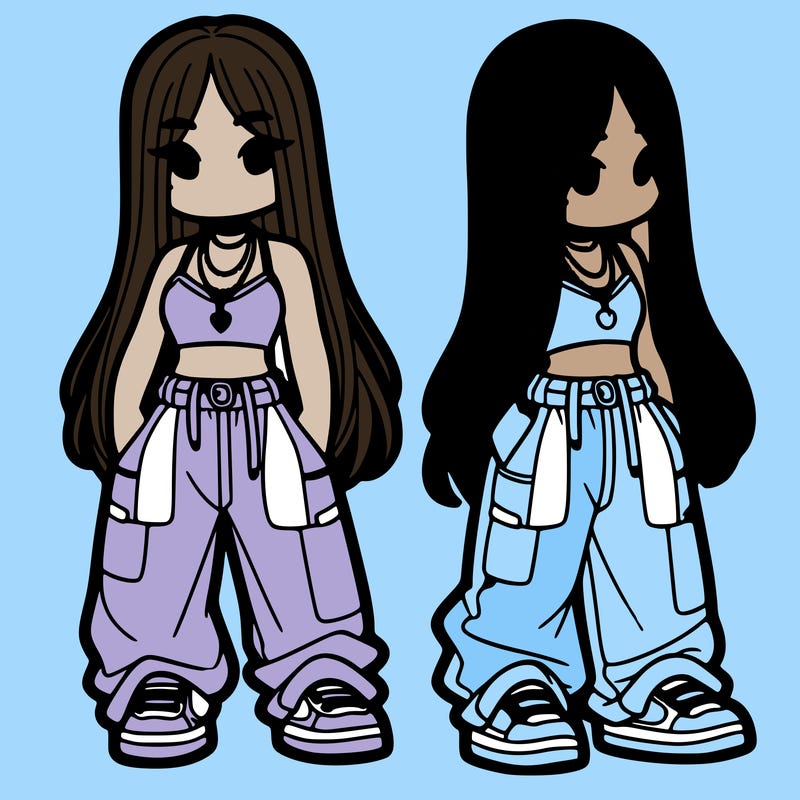 girl in baggy pants crop top and long hair