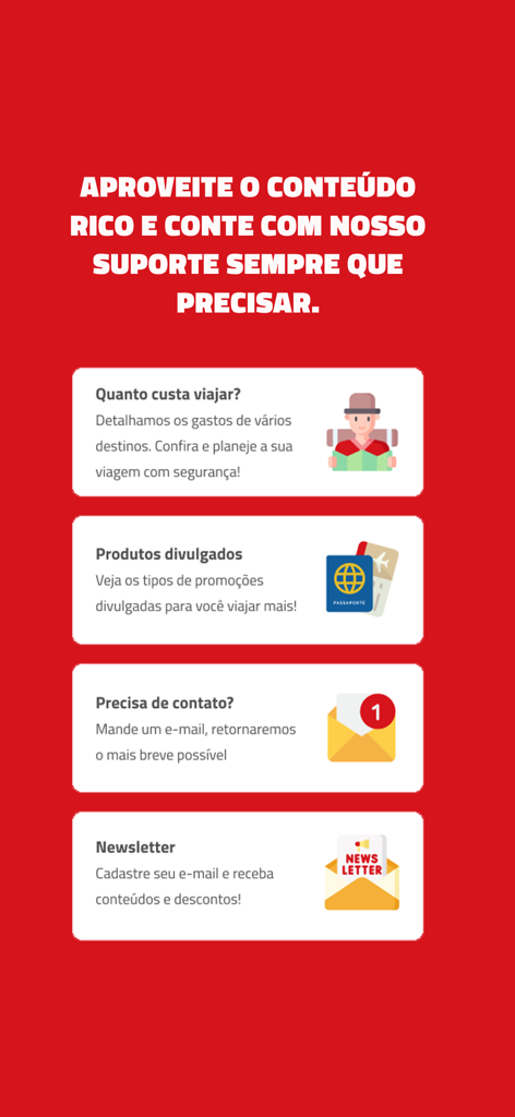 Passagens Imperdíveis - 항공권 딜에 대한 여행 팁, 지원 연락처 및 뉴스레터 등록을 보여주는 앱 인터페이스