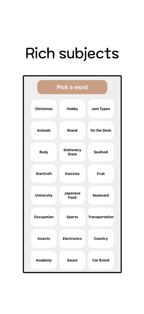 Una pantalla de juego móvil que muestra una lista de diversas categorías de palabras para elegir en la aplicación de deducción social Impostor.