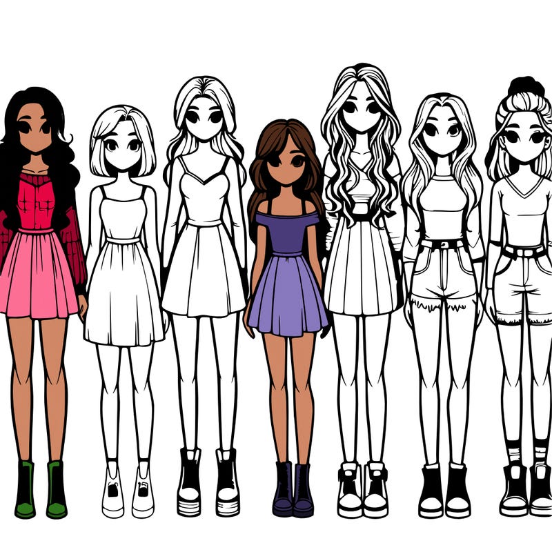 seven realistic girls standing up next to each other