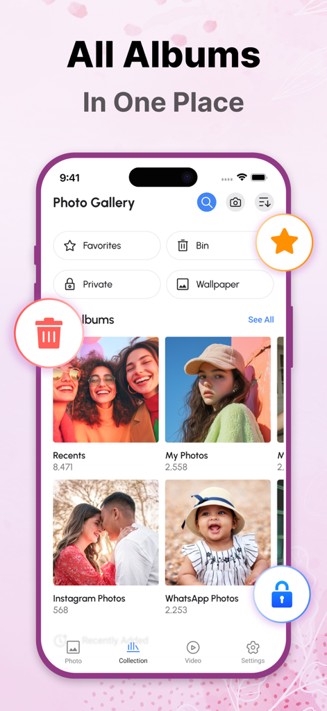 Gallery - Hide Photo Vault - Una interfaz de aplicación móvil que muestra álbumes de fotos organizados y opciones de carpetas privadas, incluida una categoría de bóveda segura.