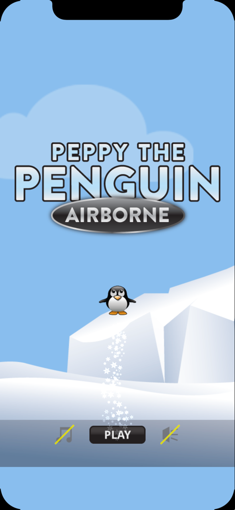 Peppy The Penguin Airborne - Hauptmenü von Peppy The Penguin Airborne mit einem niedlichen Pinguin auf einem verschneiten Berg