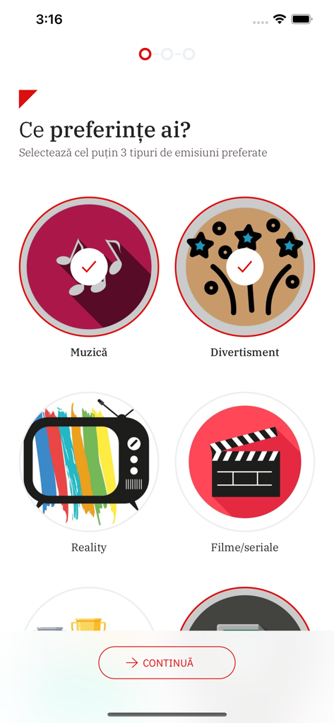 Antena 1 - Schermata di onboarding dell'app mobile Antena 1 che mostra opzioni per selezionare categorie di contenuti preferiti come musica, intrattenimento, reality TV e film.
