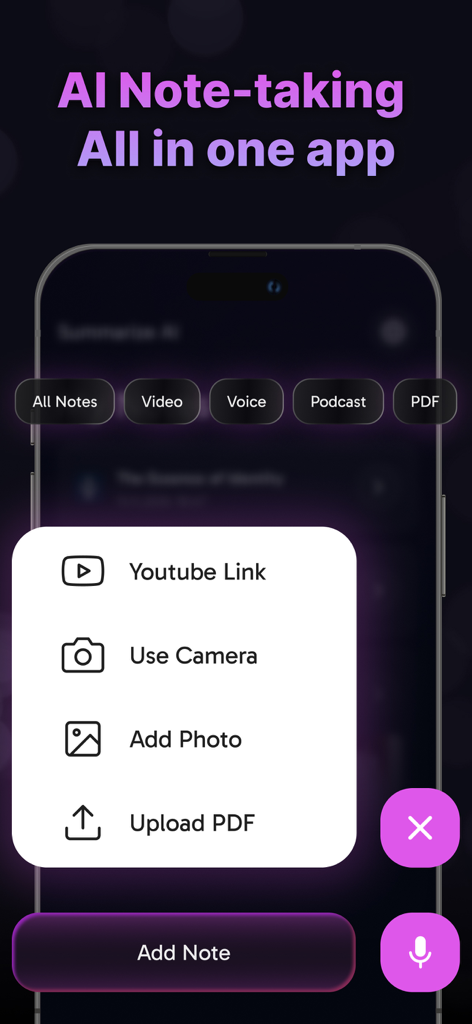 AI Note Taker app interface showing options to add notes via YouTube link camera photo and PDF upload