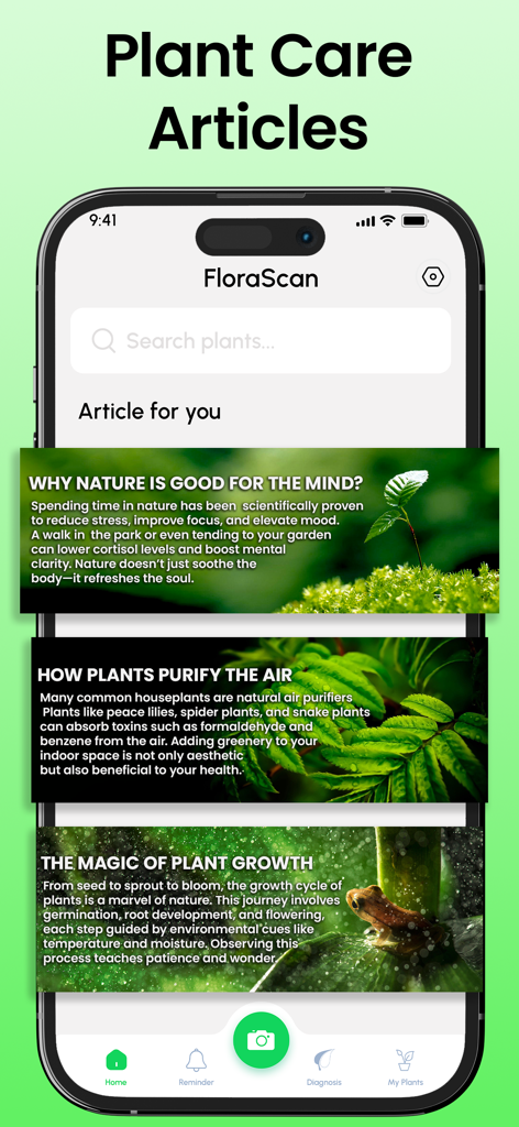 Plant Identifier + Plant Care - Una captura de pantalla de la aplicación Identificador y Cuidado de Plantas mostrando una lista de artículos educativos sobre los beneficios de las plantas.
