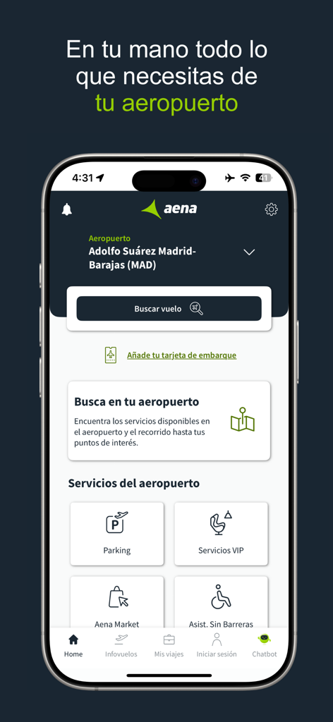 Pantalla de inicio de la app de Aena con servicios aeroportuarios y búsqueda de vuelos para el aeropuerto de Madrid Barajas
