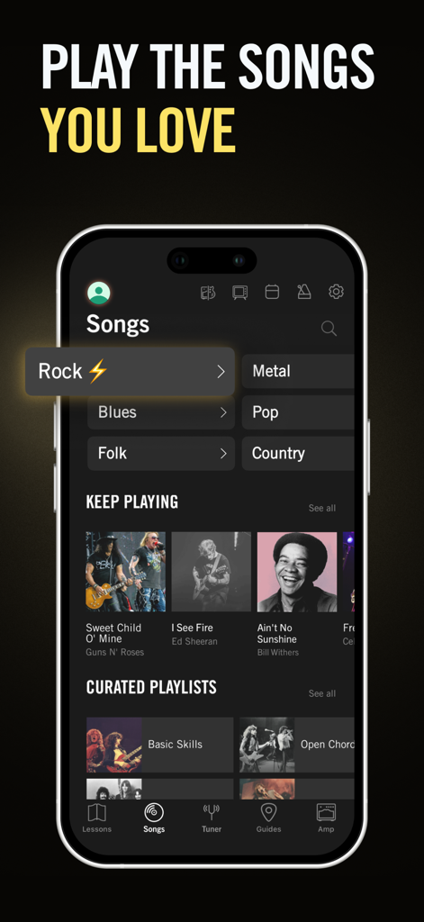 Gibson: Learn to Play Guitar - Interface of the Gibson guitar app showing song categories and curated playlists for learning guitar