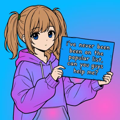 a cute anime girl with a sign saying  i’ve never been on the popular list, can you guys help me?