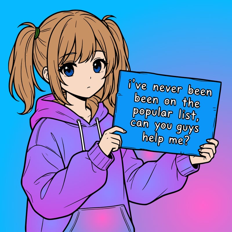 a cute anime girl with a sign saying  i’ve never been on the popular list, can you guys help me?