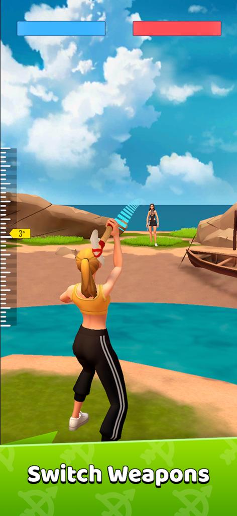 Archery Clash! - Archery Clashモバイルゲームの3Dデュエルで、キャラクターが投げ斧を構えている。