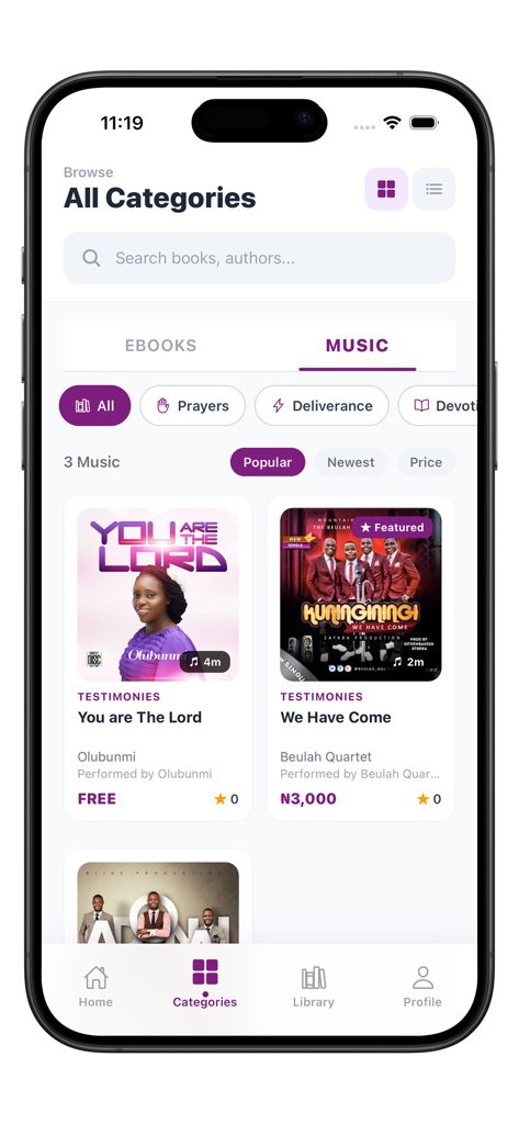 Music category screen in the MFM eBooks app displaying a selection of Christian gospel songs and albums.