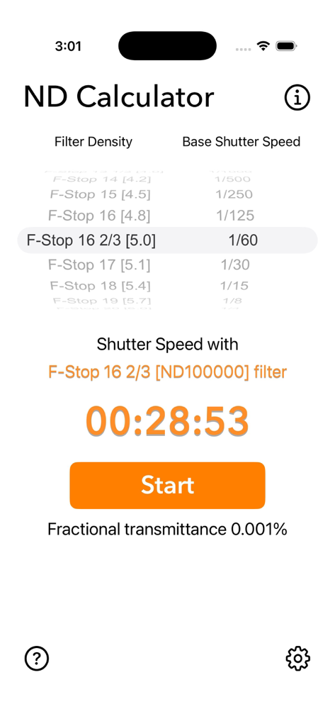 Neutral Density Calculator - Interface da aplicação Calculadora de Densidade Neutra mostrando uma velocidade de obturador calculada de 28 minutos e 53 segundos com um botão de início.