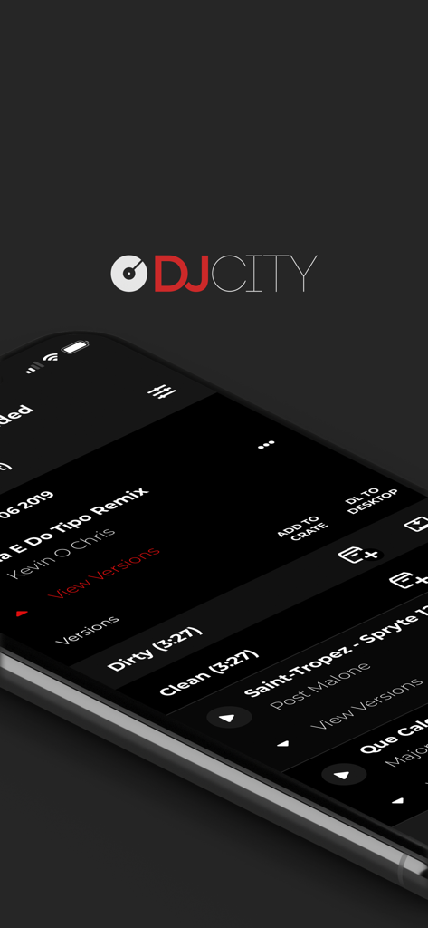 DJcity - DJcity mobile app interface showing music track lists with remote download and crate options