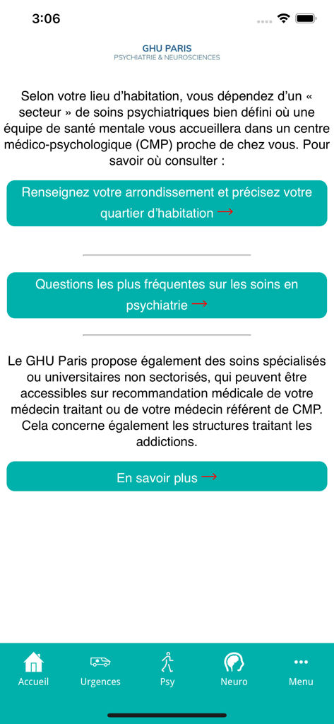 GHU Paris - GHU Paris mobile app screen providing information on psychiatric care sectors and frequently asked questions.