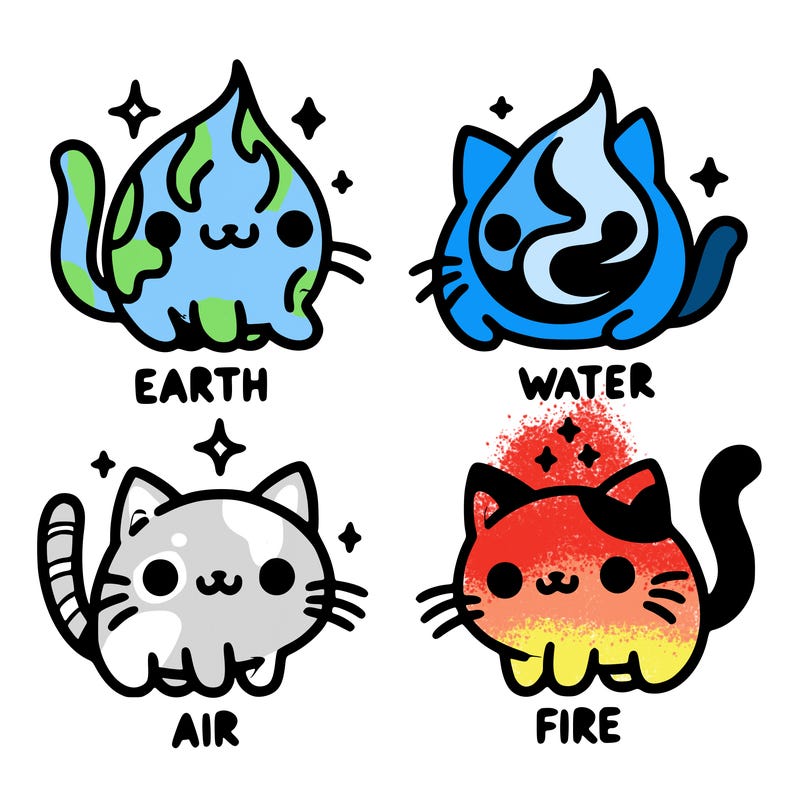 4 cats that represent the different elements, earth, water, air, and fire