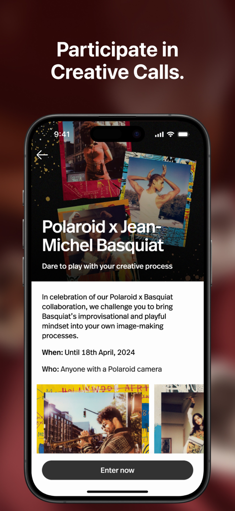 Polaroid app screen displaying a creative photography challenge collaboration with Jean Michel Basquiat