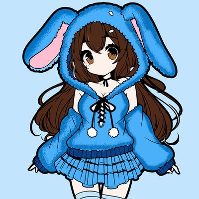 pretty anime girl wearing a fluffy hoodie with bunny ears on the hood and a skirt