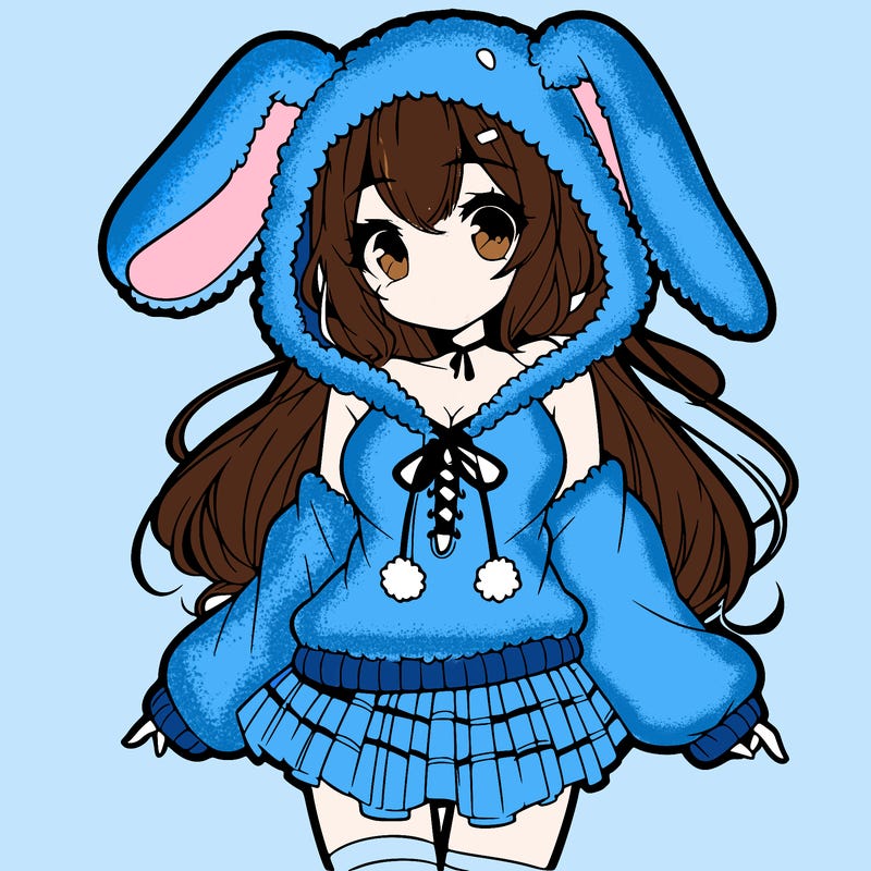 pretty anime girl wearing a fluffy hoodie with bunny ears on the hood and a skirt