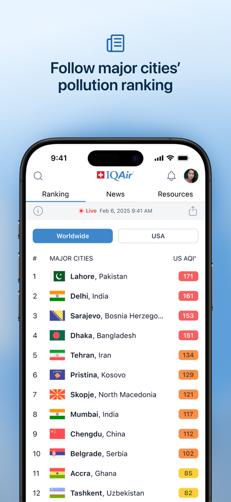 A list of major cities and their real-time air quality index rankings in the IQAir app