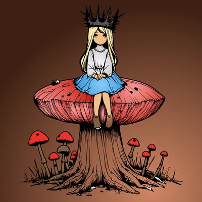 realistic girl sitting on a huge tree stump size toadstool with thorn crown