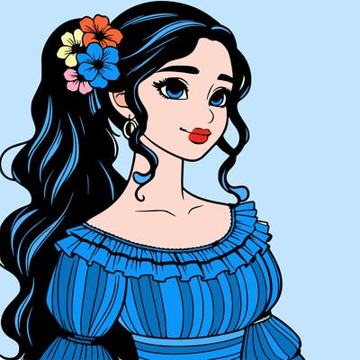 a single latina woman with a side ponytail and a long dress with ruffles. she has a few discreet flowers in her hair. realistic