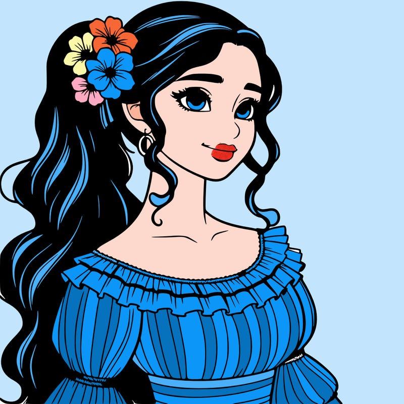 a single latina woman with a side ponytail and a long dress with ruffles. she has a few discreet flowers in her hair. realistic