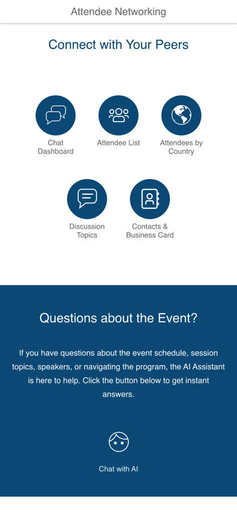 EventPilot Conference App - Interfaz de networking de asistentes para la aplicación EventPilot con herramientas de conexión entre pares y un asistente de eventos de IA