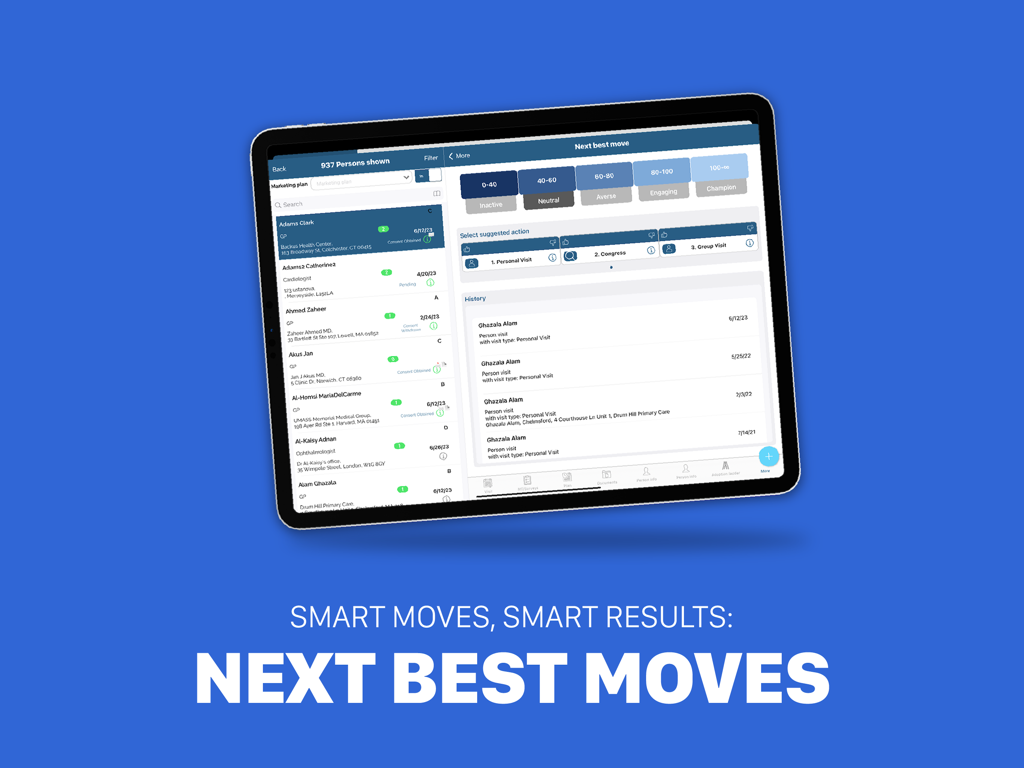 Sales Vision Next CRM Pharma - Sales Vision Next CRM iPad interface showing suggested next best moves and customer history for pharmaceutical sales representatives