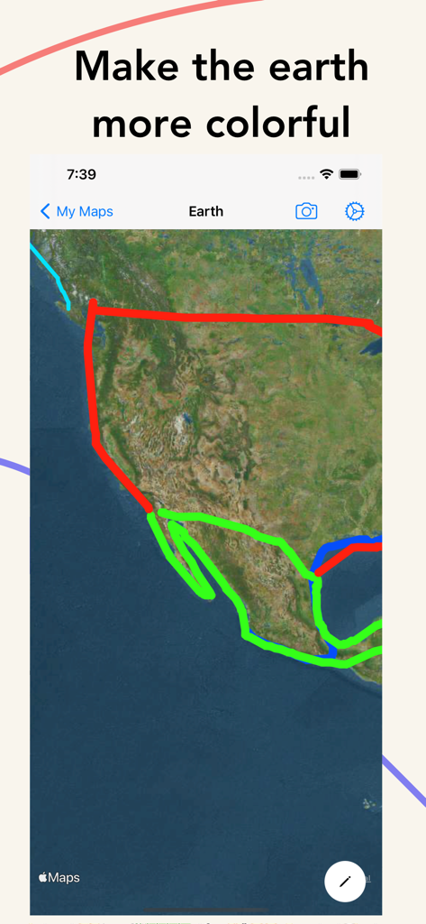 Eine Satellitenkarte von Nordamerika mit bunten handgezeichneten Linien, die Regionen mit der MapDraw-App umreißen.