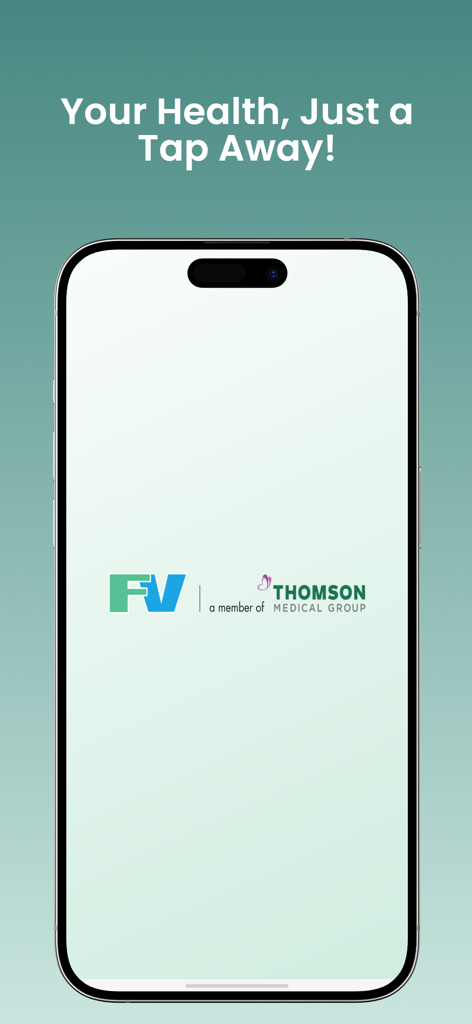 FV@Home - FV@Home telemedicine app splash screen featuring the tagline Your Health Just a Tap Away and hospital group logos.