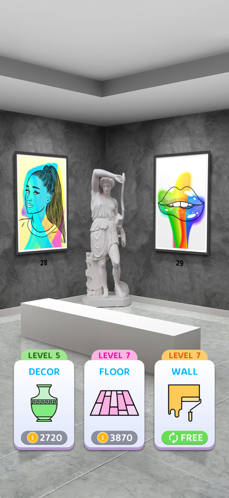 String Pull - A virtual art gallery in the String Pull app featuring colorful paintings and decor customization options