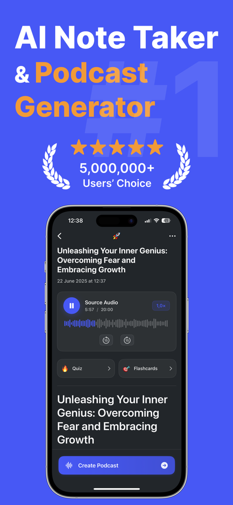 Notera AI Note Taker and Podcast Generator mobile app interface showing audio transcription and study tools