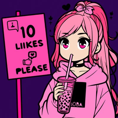girl with a high ponytail and a hoodie drinking boba staring at a sign saying 10 likes please