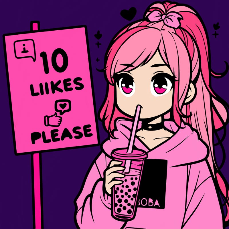 girl with a high ponytail and a hoodie drinking boba staring at a sign saying 10 likes please