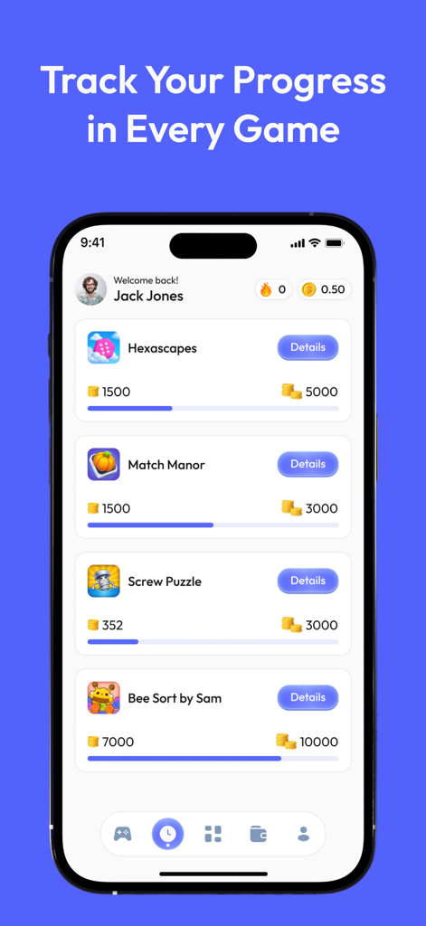 A smartphone screen displaying a progress tracking dashboard for multiple mobile games with coin rewards and progress bars.