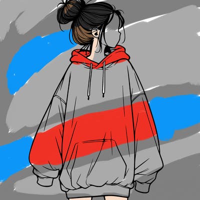 realistic girl with a oversized sweatshirt on and a bun